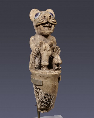 Peru - Huari bone carved "Attelatel" handle with seated feline and deer $9,500