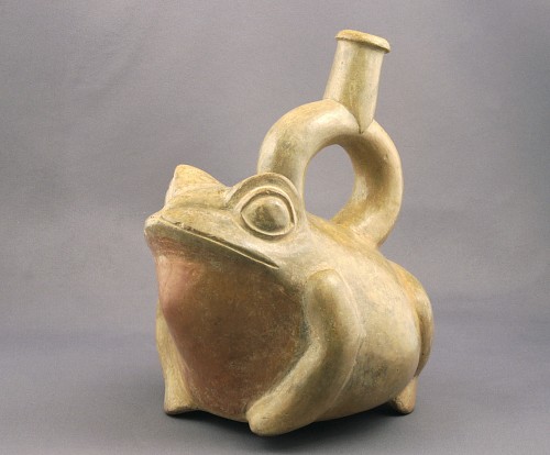 Moche I Ceramic stirrup-spout effigy of a seated toad in buff with red throat $5,400