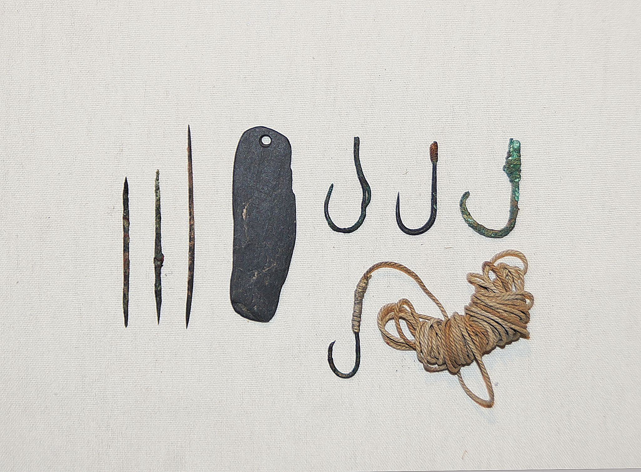 Chile, Copper Fish Hooks and Copper Needles for Spearing, with Sharpening Stone
A small copper hook is attached to its original cotton line.  Three of the hooks have traces of cotton line still attached.  The copper needles were used for spears.  The flat stone was used to sharpen the hooks and the needles.
Media: Metal
Dimensions: Length:  1” – 2.5”
N6022