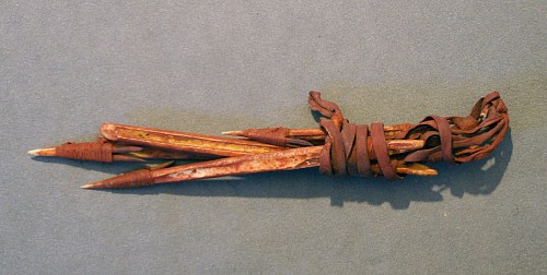 Exhibition: Fishing Methods and Implements of Ancient Chile, Work: Four Bone and Thorn Harpoon Forepoints Lashed Together with Leather