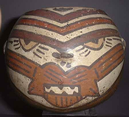 Peru - Nazca Ceramic Bowl with puma head wearing a mouth mask $4,680