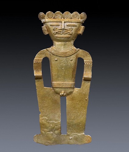 Exhibition: Online Exhibition of Over 40 Pre-Colombian Gold Works, Work: Quimbaya cast gold pendant of a Lord in a Trance &bull;SOLD