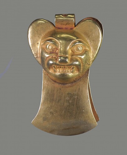 Peru - Moche Gold Tweezers With Embossed Large Eared Bat Face $9,750