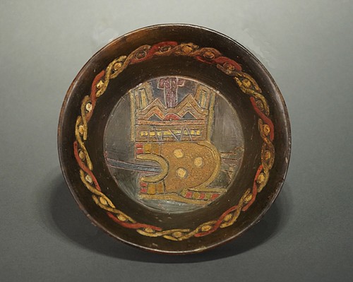 Peru - Paracas Phase 8 High Fired Ceramic Flared Dish with Feline in Profile $4,000