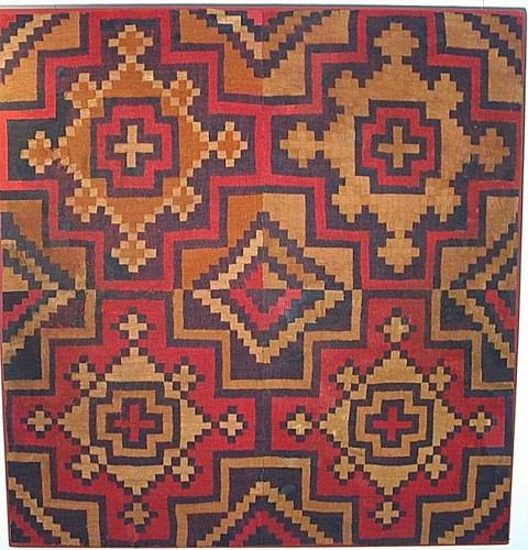 Textile: Nazca Scaffold Weave Panel with five diamonds in red and brown Price Upon Request