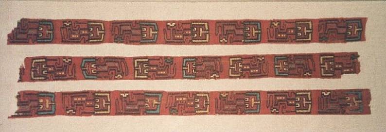 Peru, Nazca Border decorated with twenty-one abstract feline dieties
A Nazca band decorated with seven abstract feline deities images alternating in colors of blue, yellow, and maroon on a red ground. The image is facing up with a hind leg and tail outlined in black. A similar image is illustrated in Ancient Peruvian Textiles from the Collection of the Textile Museum, plate 17.
Media: Textile
Dimensions: Length 20" x  Width  2"
$3,100
94178