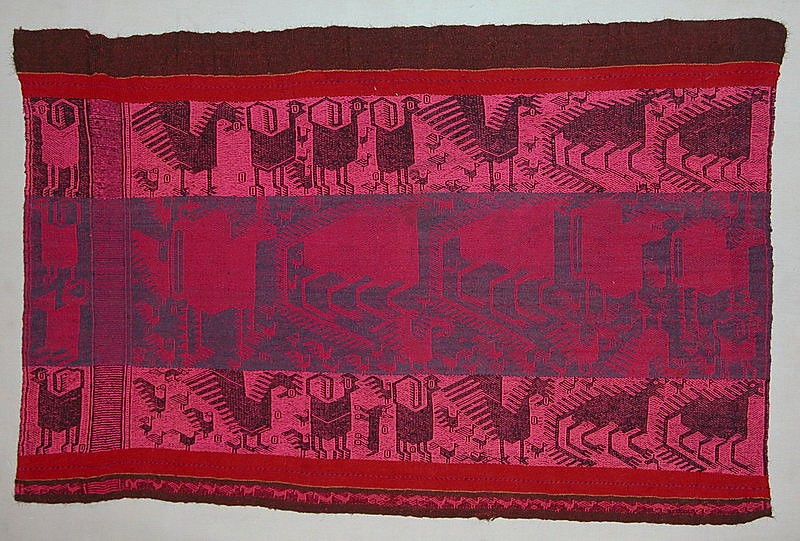 Bolivia, Potolo Llacota Mantle with Mythical Animals in Pink and Blue on Maroon Ground
These fantastic animals, demons and monsters are unique to Potolo. These creatures and are said to be envisioned by young women who participate in a ritual that involves spending the night in a cave, likely while using entheogens.  This coming-of-age ritual and the visions of demons and strange animals are considered a part of the young Potolan womanâ€™s passage from childhood into adulthood.  Potolan weavings, and the animals they portray are associated with sexuality and fertility.
Mounted on a stretcher.

Period: Bolivia, early 20th century
Media: Textile
Dimensions: Width 39" x Hieght 29"
$2,900
89256