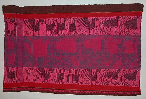 Work: Potolo Llacota Mantle with Mythical Animals in Pink and Blue on Maroon Ground $2,900