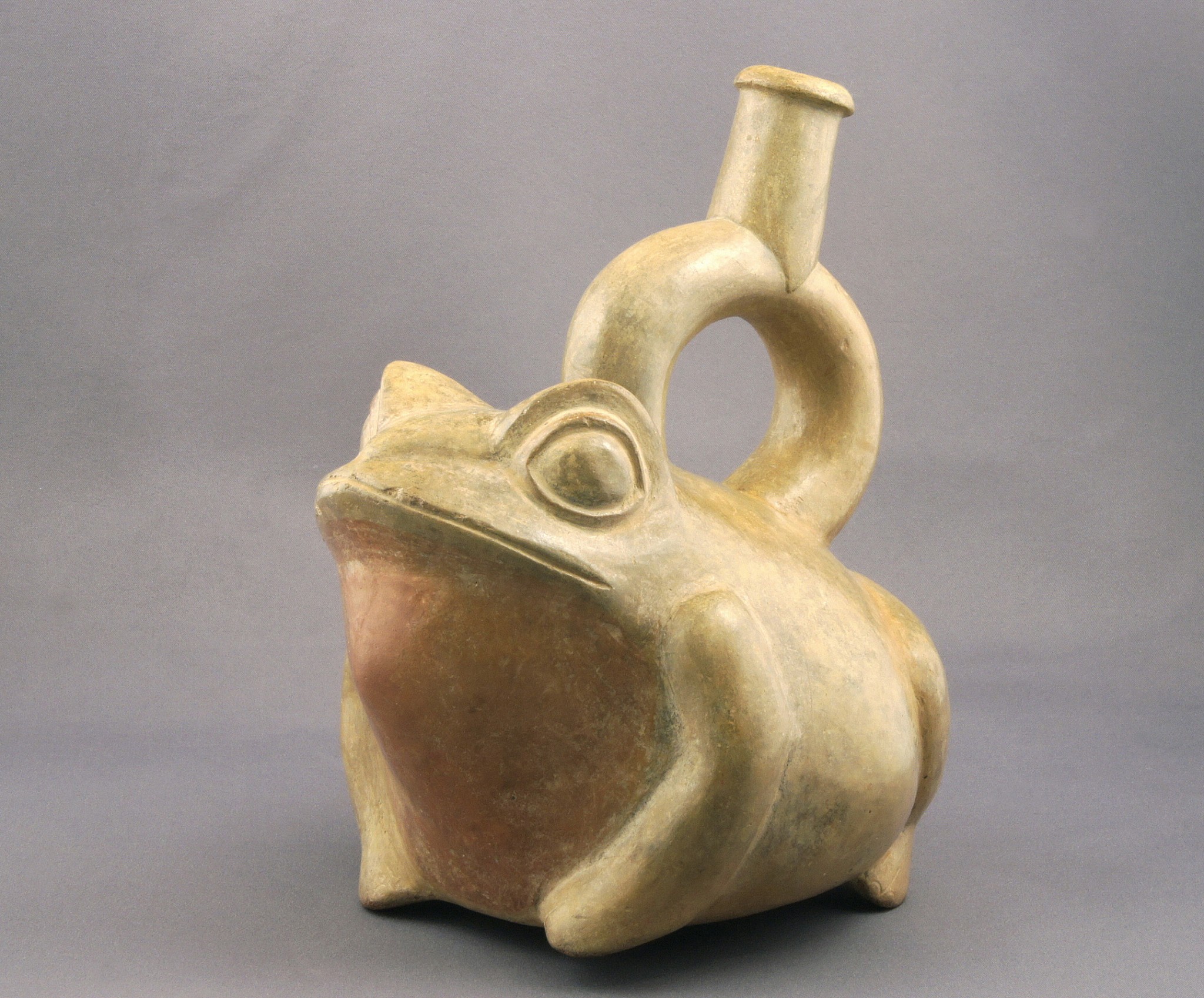 Peru, Moche I Ceramic stirrup-spout effigy of a seated toad in buff with red throat
This stirrup spout vessel depicting a life-like frog/toad attests to the Moche artist's fond awareness of the natural world.  Such careful attention and adeptness at naturalistic portrayals of animal images is common of Early Moche ceramics. Frogs have bulbous eyes, strong,  long webbed feet, and slimy  skin, while toads have stubby bodies, warty, dry skin, different chest cartliage and paratoid glands behind the eyes.  Their large eyes are defined with a ridge.  Also, toads do not have teeth,  while frogs have upper teeth. This rotund fellow with his alert wide-eyed gaze and attentive posture seems all too ready to ambush an unsuspecting fly.  It is slip painted in cream and the head tilts upward, exposing a rosy orange gullet beneath the determined, down-turned mouth. Images of frogs and toads (anurans) are commonly interpreted  in the art of many Pre-Columbian cultures. Because of their musical croaking performances after heavy rains, frogs and toads are associated with water, vegetation , fertility, and in some cases (usually toads), toxicity.  The cyclic quality of their development --the change from the fish-like tadpole to adult frog, allude to a natural affiliation with mythical concepts of transformation.  Similar examples are illustrated in "Pre-Columbian Art of South America", by Alan Lapiner, fig. 281, p129, and in "Moche Art of Peru", by Christopher B. Donnan, fig. 81, p.57. as well as in Ceramics of Ancient Peru by Donnan, 1992, UCLA, p. 128.
Media: Ceramic
Dimensions: Height: 7" x Width: 5"
$5,400
98439