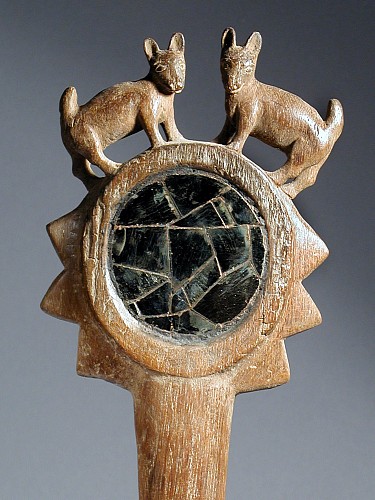 Peru - Wari Long Handle Wood Mirror Back with two deer carved on top Price Upon Request