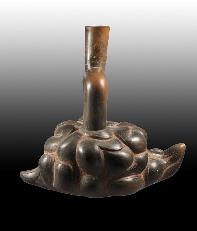 Peru, Chavin Stirrup Spout Vessel in the form of the Pijuayo Fruit
This Chavin Stirrup Spout Vessel has been shaped to mimic a ripe branch of Pijuayo (Peach Palm)  fruits. Each individual fruit is red and semi-circular. It was mainly eaten after boiling in salt water for two hours, and has the taste and texture of a chestnut. Ancient Peruvians placed high value on the fruits and vegetables that surrounded them. To express this admiration of the transcendence that the plants in their daily life had, they often made works of art in tribute to them and the gods that made them. Similar fruit inspired vessels to this one are found in "Plantas Alimenticias en el Antiguo Peru" from pages 145 - 160; 1985. The peach palm was especially revered for its hard wood, which was used to carve spears. (The Ethnobotany of Pre-Columbian Peru pg. 28,1961).
Media: Ceramic
Dimensions: Length: 10"  Height: 9"
Price Upon Request
n2096