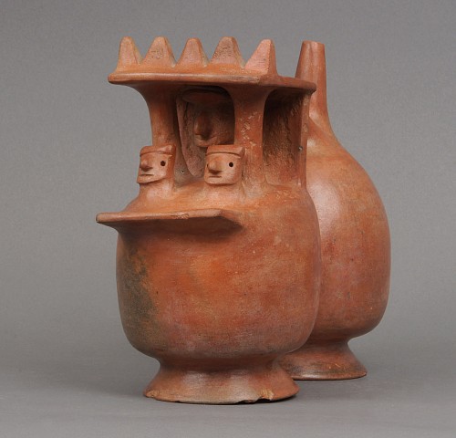 Peru - Virú Double Chambered Single Spout Whistling Vessel in the Form of a Temple $4,500