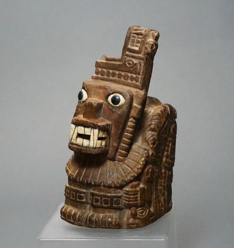 Peru - Large Wari Carved Wood Lime Container Representing a Decapitator $8,000
