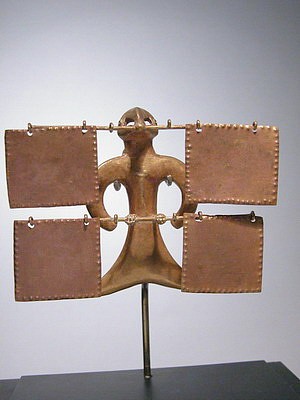 Metal: Uruba style bird pendent with square plaque dangles Price Upon Request
