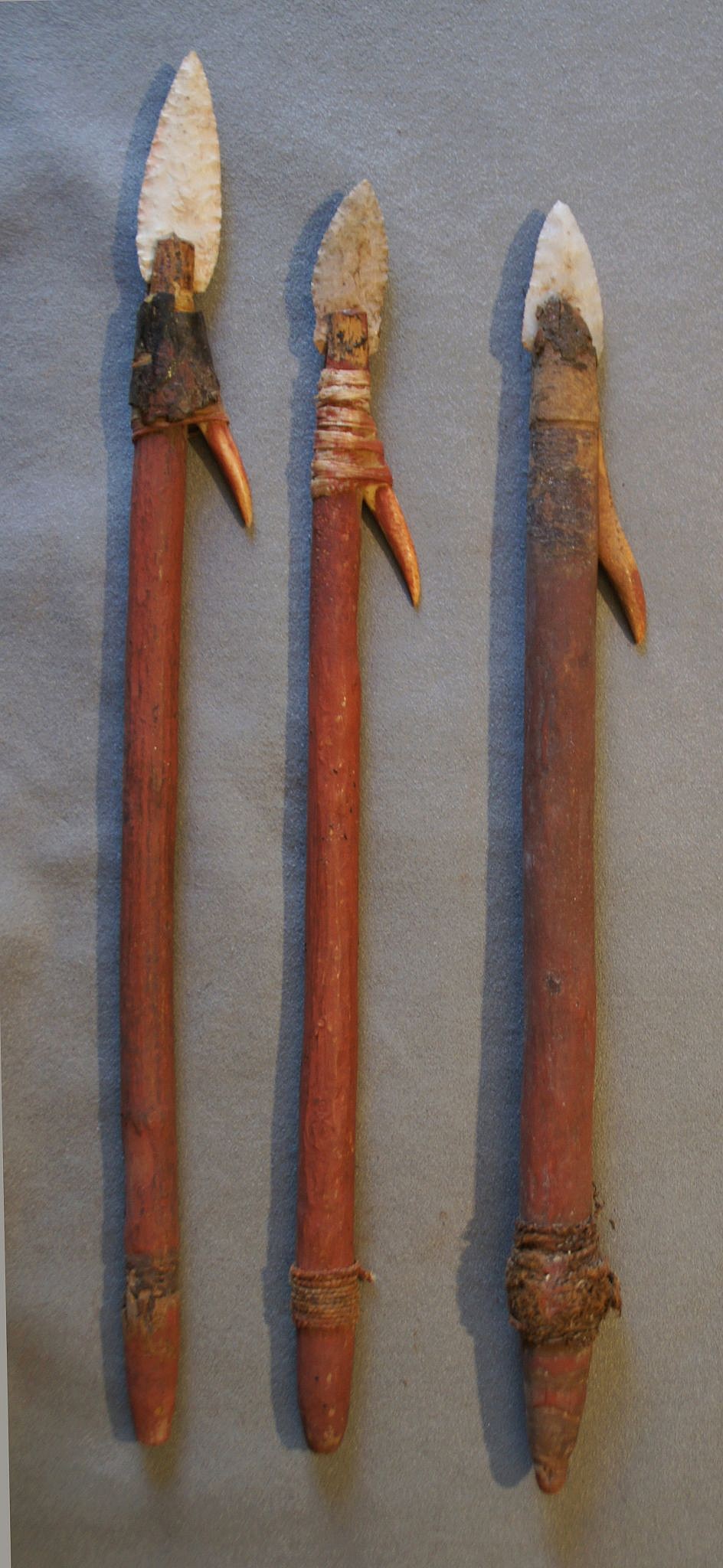 Chile, Three Early Seal Harpoons with Oval Stone Points, Bone Barbs and Wood Shafts
These harpoons have a slit at one end of a wood shaft, to which a napped point is attached and secured with wrapped string and tree resin.  The opposite end of the shaft was carved to a tapered point that fit into the socket of the harpoon thrower. This size harpoon was used to capture seals, which were used for food, fat, and skins.
Media: Wood
Dimensions: Length: 9"-10"
n6028