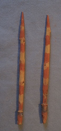Exhibition: Fishing Methods and Implements of Ancient Chile, Work: Two Early Carved Wooden Harpoon Points Painted with Red Stripes