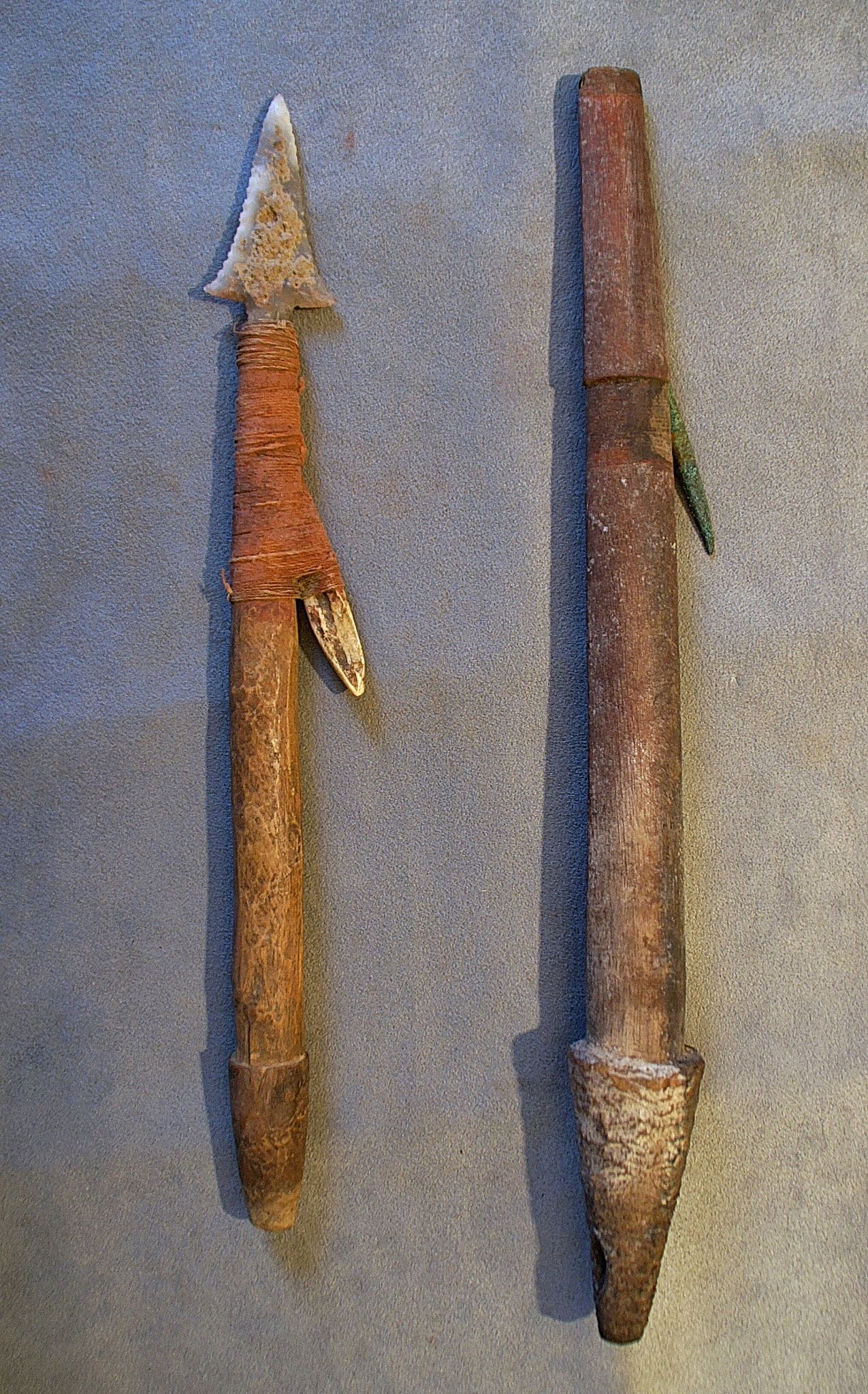 Chile, Two Harpoon Forepoints with Bone and Copper Barb
These harpoons were used for hunting for sea lion.  The barbs are set into a carved notch and lashed with cotton thread.  The other end is tapered to fit into a harpoon pole.  The copper barb was used for hunting larger animals.
Period: Chile, Arica, Gentilar phase, c. AD 1200 - 1470
Media: Wood
Dimensions: Lengths: 12" &  16"
n6035