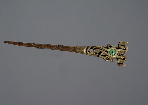 Work: Recuay Gilt Copper Pin Decorated with the Moon Animal $1,700