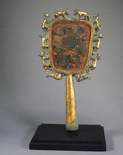 Metal: Moche Cast Copper Gilt Handled Mirror Surrounded by Ten Pumas &bull;SOLD