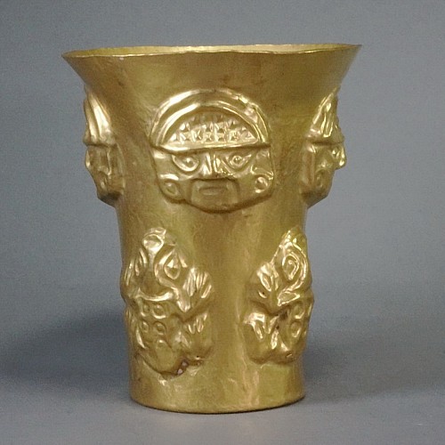 Work: Sican Gold Beaker with Mask and Frog Motif Price Upon Request