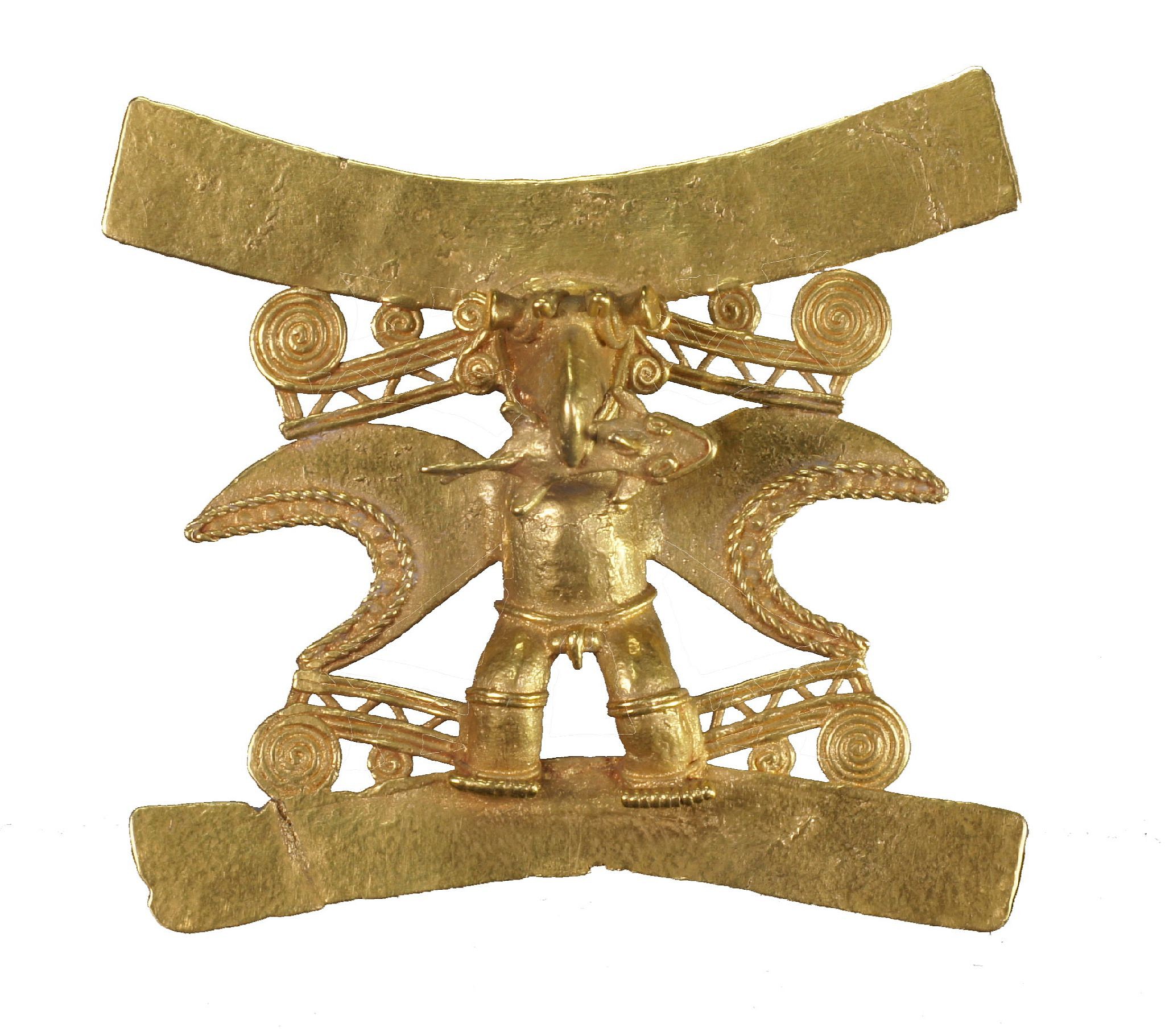 Panama, Diquis Gold Figural Pendant Wearing a Raptor Bird Mask
The pendant is an excellent example of the Lost Wax casting technique.  The imposing figure has typical Diquis style "C"-shaped wings with crocodile heads emanating from behind the head and feet.   The figure is probably a male shaman in transition for flight to the other world.  This pendant is illustrated in THE ART OF PRECOLUMBIAN GOLD- The Jan Mitchell Collection, pg. 105,  and also in POWER OF GOLD, p. 72.  Another similar example of a Diquis pendant with with a bat's head is illustrated in Between the Continents/Between Seas: PRECOLUMBIAN ART OF COSTA RICA, plate 93. Another very similar piece is in the Denver Art Museum.  Ex. New York collector, prior to 1970.
Period: Panama, Diquis, c. AD 1000 - 1500
Media: Metal
Dimensions: Height: 31/4" x Width: 31/2"   Weight: 97gramsXRF: Au. 90.6%, Ag.6.3%, Cu. 2.8% Pt. Platimum 1.03%
Price Upon Request
n7055