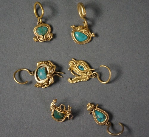 Work: Six La Tolita Gold with Platinium Miniature Ear Ornaments with Turquoise $5,600