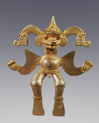 Costa Rica - Diquis Cast Gold Anthropomorphic Figure with a Cone Shaped Crown Price Upon Request