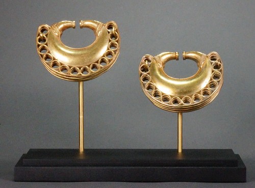 Tairona Pair of gold lost wax cast ear ornaments decorated with braidwork Price Upon Request