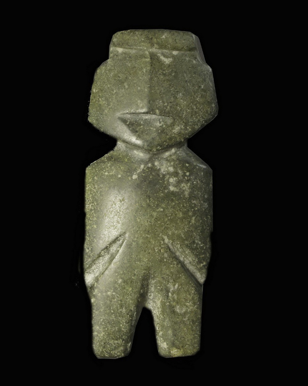 Mexico, Classic Greenish Grey Stone Mezcala Figure of the M8 Type
This solid, hand-held stone figure fits perfectly in the palm of the hand.  The figure was created using the string-sawing technique and is made of a mottled greenish-grey stone with tiny even flecks of blue- black color evenly speckled throughout.  The figure has its arms to the side, represented by carved grooves, which is a classic characteristic of Type M8 Mezcalas.  The representation of human figures played an important role in Mezcala culture, including in rituals and burial sites.  However, most of these figures, were used for utilitarian purposes as celts or chisels. For a reference see the Primitive Museum of Art's MEZCALA STONE SCULPTURE: THE HUMAN FIGURE, p.22-23, and MEZCALA: ANCIENT STONE SCULPTURE FROM GUERRERO MEXICO, by Carlo Gay and Frances Pratt, plate 67.  Ex. Gallery Hana-Tokyo, prior to 1970.
Media: Stone
Dimensions: H: 5 in. x W: 2 in.
$6,000
n5055
