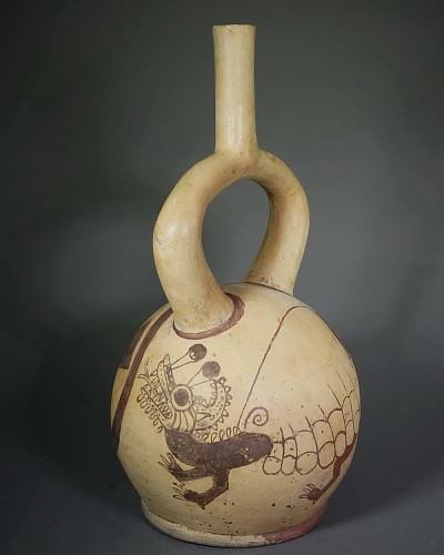 Peru - Moche 4 Stirrup Spout Vessel painted with a Strombus Monster $6,500