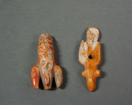 Chimu Carved Crayfish and Bird Pendants Carved from Spondylus Shells $1,250