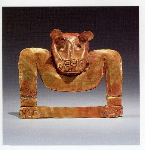 Late Chavin Hammered and Soldered Gold  pendant with a Feline Head Price Upon Request