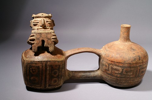 Peru - Vicus Double Chambered Whistling Vessel Depicting a Panpipe Player $2,750