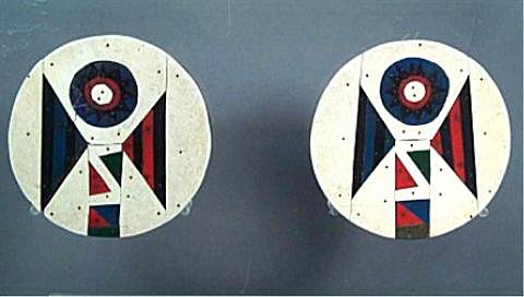 Work: Zulu Wood Earplugs with Red, Blue and White Vinyl Asbestos Mosaic Overlays $2,000