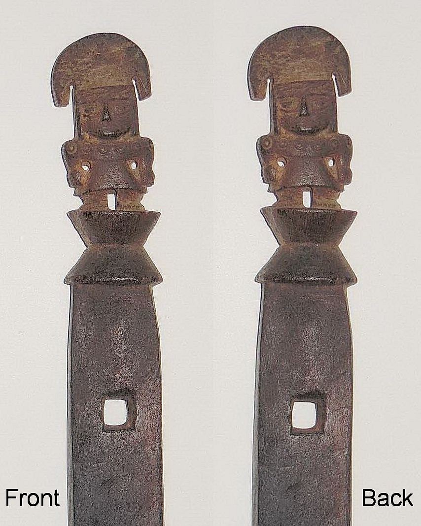 Peru, Pari of Huacho Carved Baby Carrier Posts with Reversible Figures
These beautiful wood baby carrier posts are elaborately carved with figures at the top.  Each figure is reversible and appears fully carved form either side.  Texas collection, prior to 1990.
Media: Wood
Dimensions: Length: 31"
$2,400
p2030H