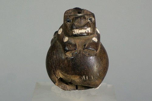 Peru - Wari Wood Lime Container with Carved Feline and Shell Inlays $1,250