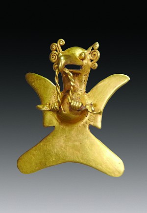 Costa Rica, Veraguas Cast Gold Eagle Pendant With Intertwining Serpents
This lost-wax cast gold miniature eagle is adorned with finely crafted scrolls around its head. In its claws, the eagle grasps a pair of intertwined serpents.  There is a suspension loop behind the eagle’s neck, indicating that it was used as a pendant.  This eagle is illustrated in The Met Musuem's THE ART OF PRECOLUMBIAN GOLD: The Jan Mitchell Collection, pg.110. Estate of Jan Mitchell prior to 1970.
Media: Metal
Dimensions: Height:1 3/4" x Width:1 1/2"  Weight: 13.2 grams
$12,750
p1020
