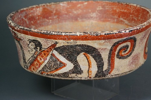 Ceramic: Mayan High Walled Dish with Repeating Monkey Motif $6,000