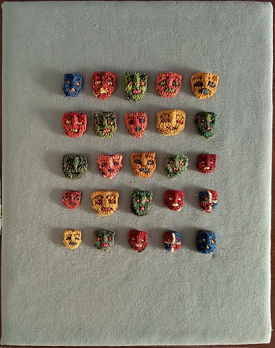 25 Proto-Nasca Knitted Miniature Faces in Blue, Green, Pink, Red and Yellow $1,500