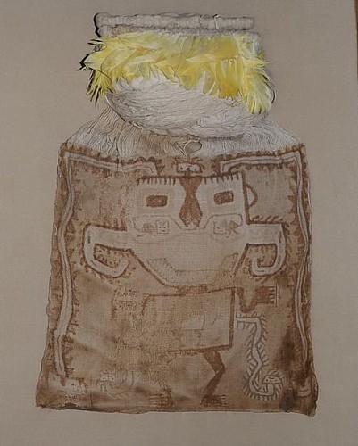 Exhibition: Paracas: A Selection of Textiles and Ceramics, Work: Paracas Painted Mummy Mask with Original Yellow Macaw Feathers $22,500