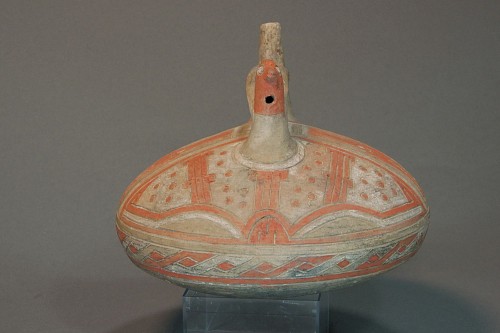 Peru - Paracas Late Phase 7 Ceramic Bridge-Spout Vessel with Hawk Head and Incised Feline Face $8,500