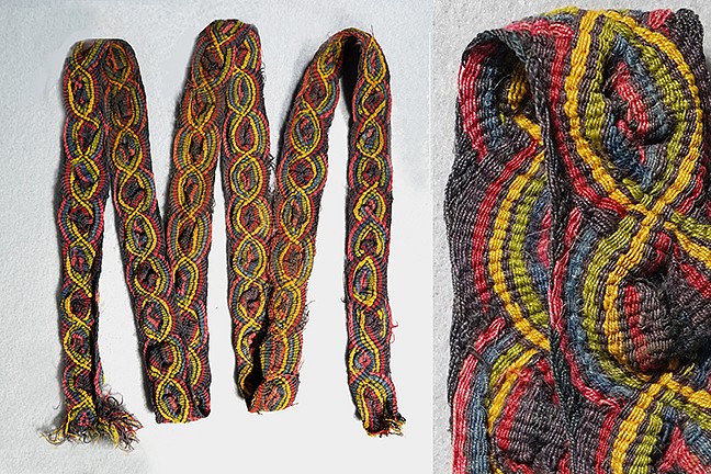 Peru, Paracas Plaited Sash with Double-Helix Pattern
This plaited triple-cloth turban sash is woven with vibrant shades of green, blue, yellow, pink, red, and brown.  The intertwining double-helix pattern may represent interlocking serpents.  Most Andean sashes are flat but the clever artisan who created this sash used the plaiting technique to create a three-dimensional structure resembling a snake. It is also possible that this design also imitates a tie-dye technique with the tied-off center. Acquired in 1999 from a California collector. Period: Peru, Paracas, South Coast Early Intermediate Period, Phase II, c. AD 100 - 200
Dimensions: Length: 61 inches x Width: 1.25 inches
$6,500
99513