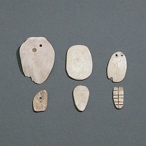 Work: 8 Taíno  Carved Shell Beads in Varying States of Completion
