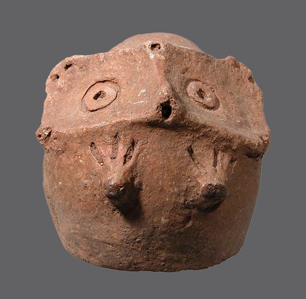 Dominican Republic, Taíno Ceramic Top to a Jar Depicting a Bat's Head
Large jars were often made with narrow spouts and decorated with effigies.  This is one of those spouts and is unusual as depicts a bat which is very rare in Taíno  art.
Period: Dominican Republic, Taíno , c. AD 1000 - 1500
Media: Ceramic
Dimensions: Diameter 3" x Height 4"
M4055