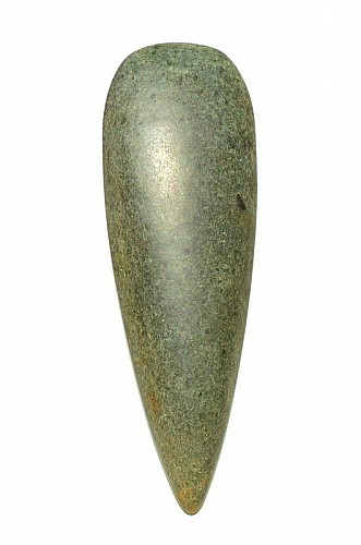 Work: Taíno Large Petaloid Stone Celt with Gray, Blue, and Greenish Tones