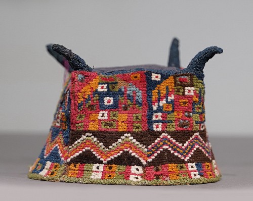 Textile: Wari Four-Corner Pile Hat Decorated in 3 Registers $6,500