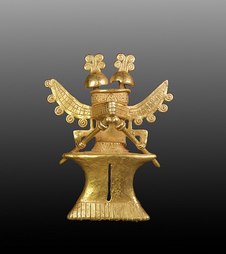 Work: Darian Cast Gold Smiling Shaman with Headdress of Two Hemispheres with Spirals $150,000