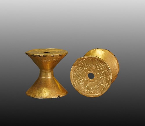 Work: Early Calima Pair of Gold Hour-Glass Shaped Ear Spools $8,500