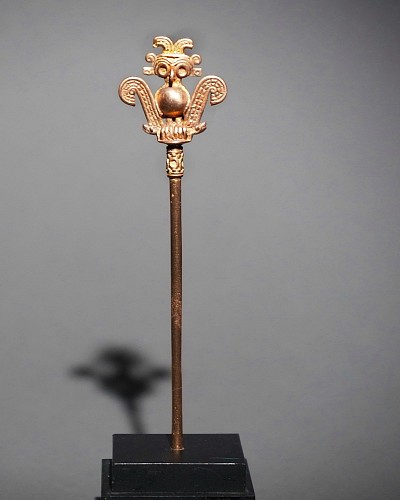 Calima Gold Lime Spoon with a Royal Bird Holding a Double-Headed Serpent $7,500