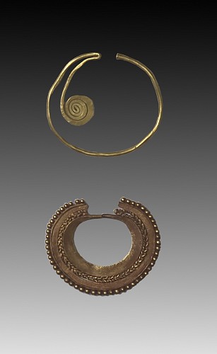 Work: Two Miniature Nose Ornaments Demonstrating Early Goldwork Techniques $1,850